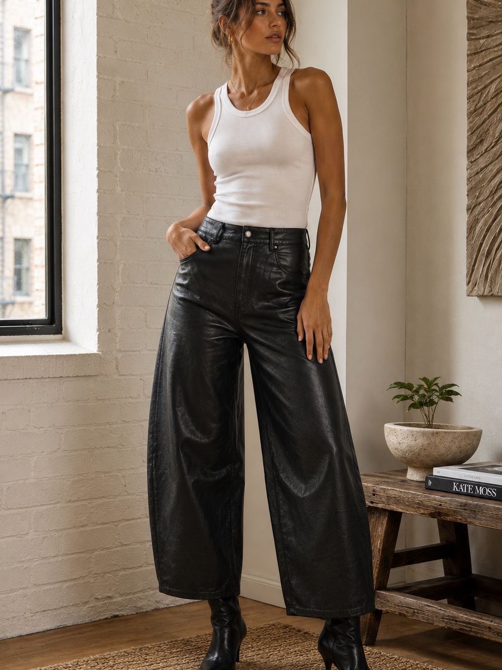 Free People We The Free Misha Faux Leather Wide Barrel Pants Black 30